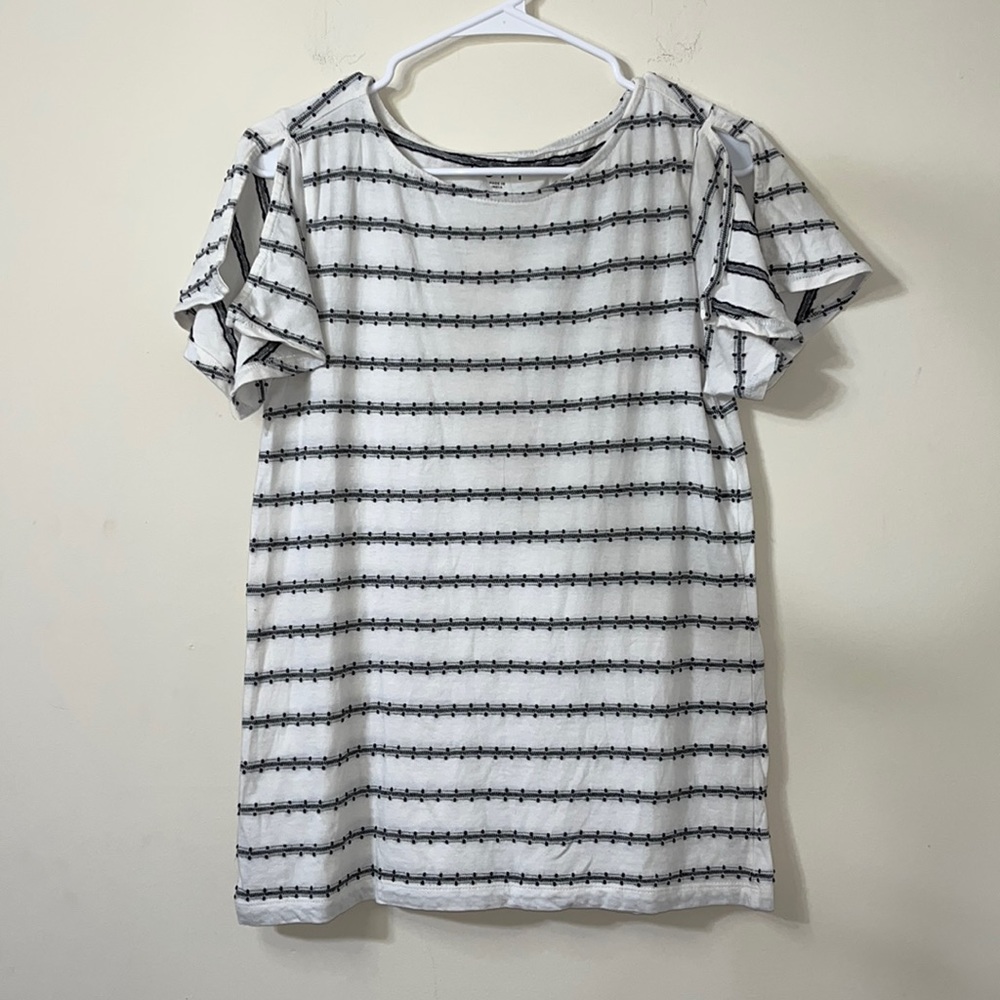 LOFT Striped With Black Dot Embroidery Split Sleeve White Tee Size S - Picture 2 of 7
